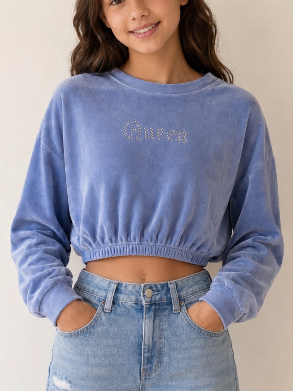 Urban Planet Girls Queen Velour Cropped Sweatshirt Blue Gemstone Graphic Size M